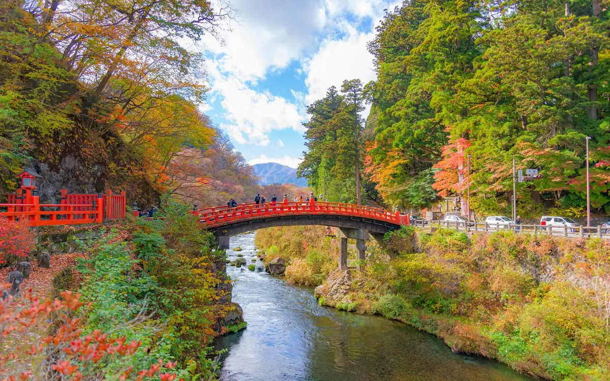 The vermilion Shinkyo bridge at Nikko framed by autumn maples