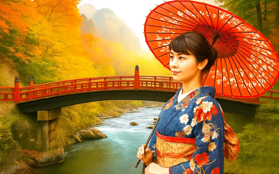 A visitor in a kimono with a red parasol on the Shinkyo bridge at Nikko