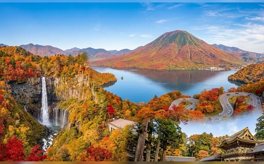 Nikko Toshogu shrine with autumn colour behind it