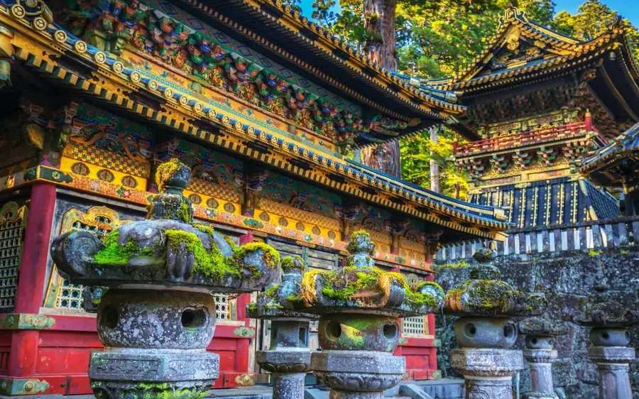 Carved and painted eaves on a shrine building at Nikko Toshogu